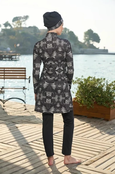 Estiva 25933 Siyah Dijital Desenli Tam Boy Lycralı Tesettür Mayo - Resim 2