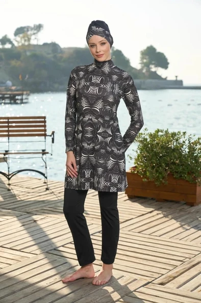 Estiva 25933 Siyah Dijital Desenli Tam Boy Lycralı Tesettür Mayo - Resim 16