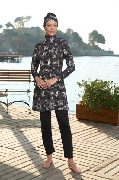 Estiva 25933 Siyah Dijital Desenli Tam Boy Lycralı Tesettür Mayo - Resim 13