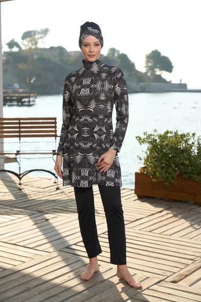 Estiva 25933 Siyah Dijital Desenli Tam Boy Lycralı Tesettür Mayo - Resim 11