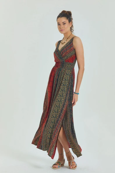 Kruvaze Yaka Robadan Yırtmaçlı Uzun Elbise - Resim 6