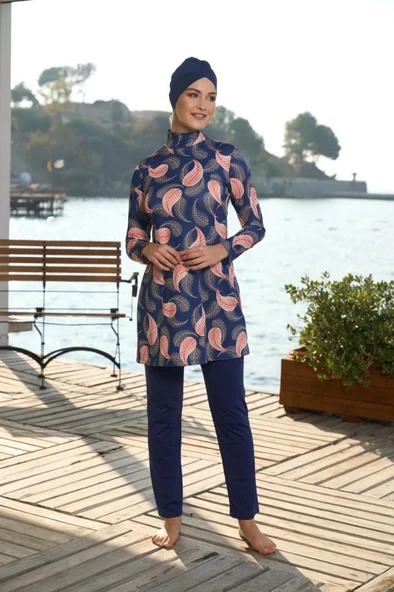 Estiva 25935 Lacivert Dijital Desenli Tam Boy Lycralı Tesettür Mayo - Resim 3
