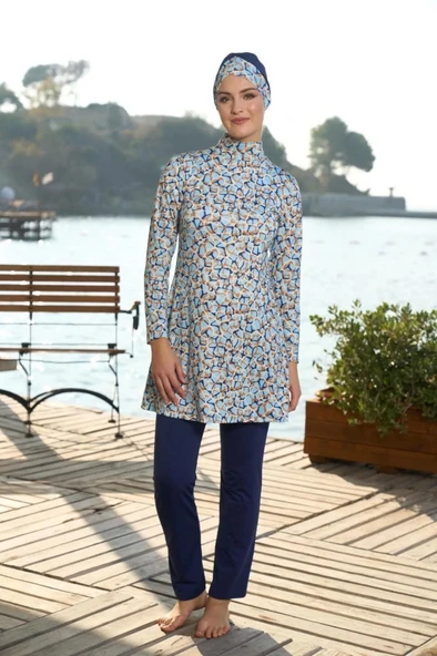 Estiva 25934 Lacivert Dijital Desenli Tam Boy Lycralı Tesettür Mayo - Resim 8