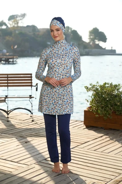 Estiva 25934 Lacivert Dijital Desenli Tam Boy Lycralı Tesettür Mayo - Resim 3