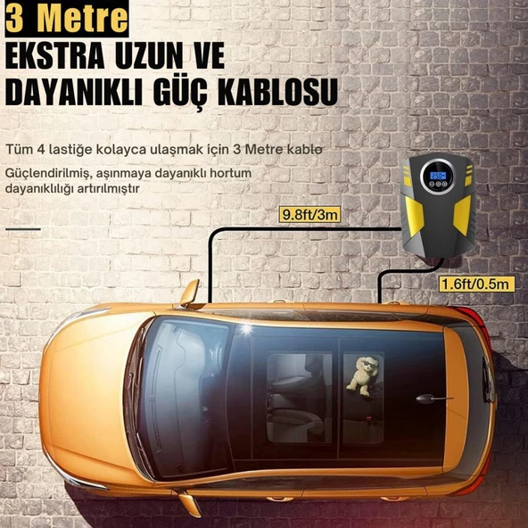 Coofbe 120W Led Işıklı 300cm Hortumlu Araç Lastik Şişirme Pompası Oto Lastik Şişirme Pompası Hava Kompresörü - 2