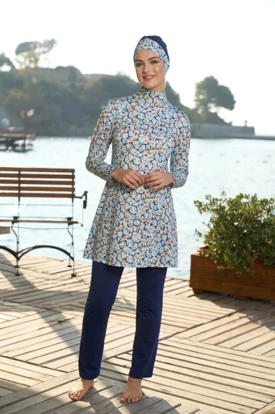 Estiva 25934 Lacivert Dijital Desenli Tam Boy Lycralı Tesettür Mayo - Resim 5