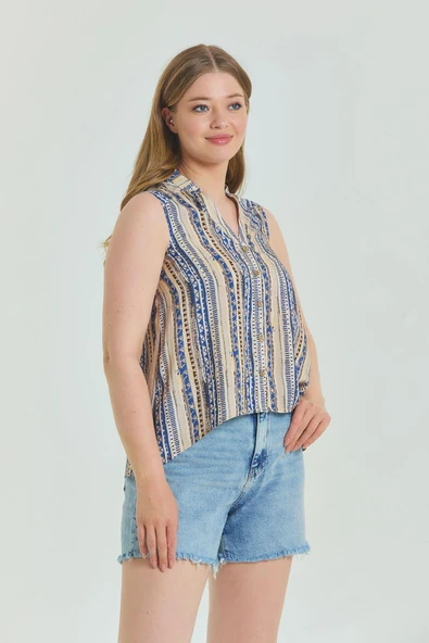 Gömlek Yaka Asimetrik Kesim Yazlık Bluz - 7