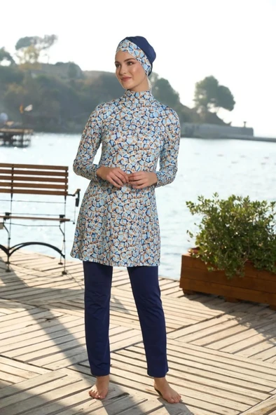 Estiva 25934 Lacivert Dijital Desenli Tam Boy Lycralı Tesettür Mayo - Resim 7