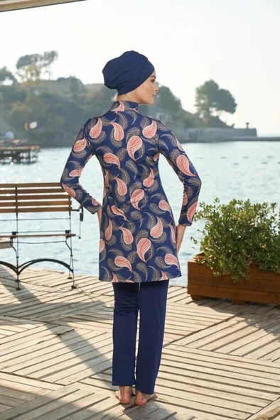 Estiva 25935 Lacivert Dijital Desenli Tam Boy Lycralı Tesettür Mayo - Resim 2