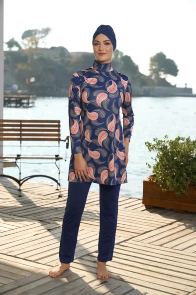 Estiva 25935 Lacivert Dijital Desenli Tam Boy Lycralı Tesettür Mayo - Resim 6