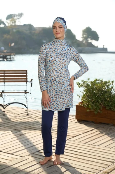 Estiva 25934 Lacivert Dijital Desenli Tam Boy Lycralı Tesettür Mayo - Resim 4