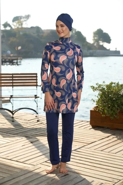 Estiva 25935 Lacivert Dijital Desenli Tam Boy Lycralı Tesettür Mayo - Resim 5