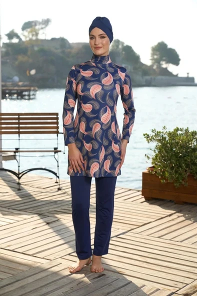 Estiva 25935 Lacivert Dijital Desenli Tam Boy Lycralı Tesettür Mayo - Resim 7