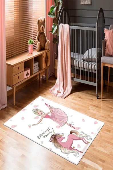 Makinede Yıkanabilir Leke Tutmaz  Beyaz-Pembe Pvc Deri Kaymaz Taban Prenses Çocuk Halısı 227-00  ÇOKLU 80 x 200
