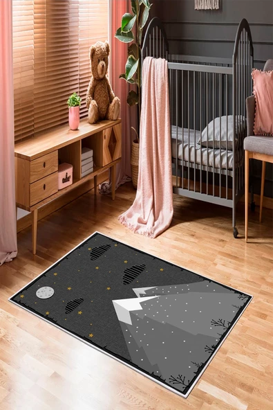 Makinede Yıkanabilir Leke Tutmaz  Antrasit Pvc Deri Kaymaz Taban Doğa Çocuk Saçaksız Halı 207-00  ÇOKLU 180 x 280