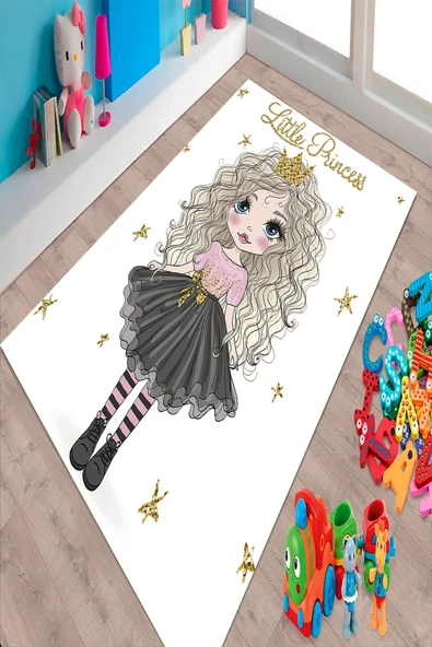 Makinede Yıkanabilir Leke Tutmaz  Beyaz Pvc Deri Kaymaz Taban Princess Çocuk Halısı 219-00  ÇOKLU 160 x 230 - 3