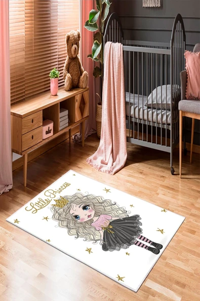Makinede Yıkanabilir Leke Tutmaz  Beyaz Pvc Deri Kaymaz Taban Princess Çocuk Halısı 219-00  ÇOKLU 80 x 140