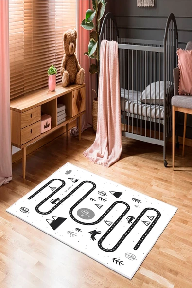 Makinede Yıkanabilir Leke Tutmaz  Beyaz Pvc Deri Kaymaz Taban Çevre Çocuk Halısı 224-00  ÇOKLU 80 x 140