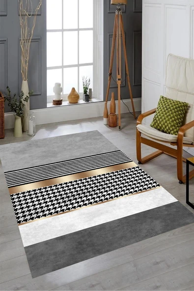 Makinede Yıkanabilir Leke Tutmaz  Gri-Gold Pvc Deri Kaymaz Taban Şerit Salon Halısı A239  GRİ-GOLD 80 x 200