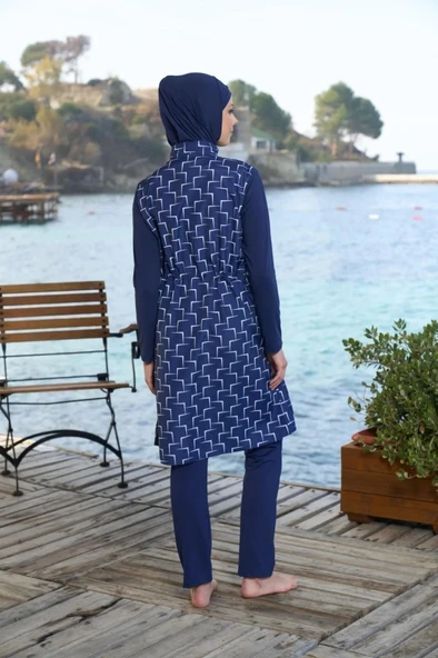Estiva 25944 Lacivert Fermuarlı Geometrik Desenli Tam Boy Tesettür Mayo - Resim 8