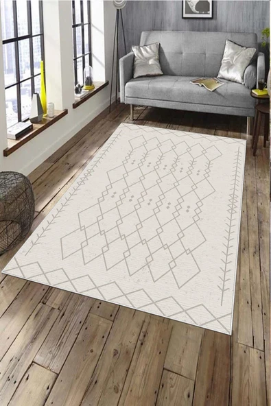Makinede Yıkanabilir Leke Tutmaz  Krem Pvc Deri Kaymaz Taban İskandinav Salon Saçaksız Halı A189  KREM 80 x 200