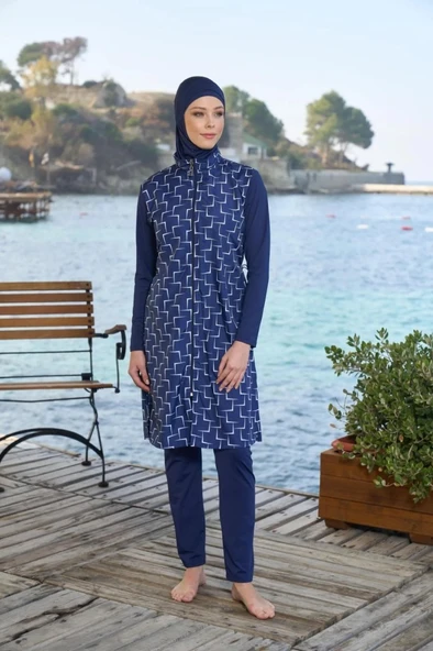 Estiva 25944 Lacivert Fermuarlı Geometrik Desenli Tam Boy Tesettür Mayo