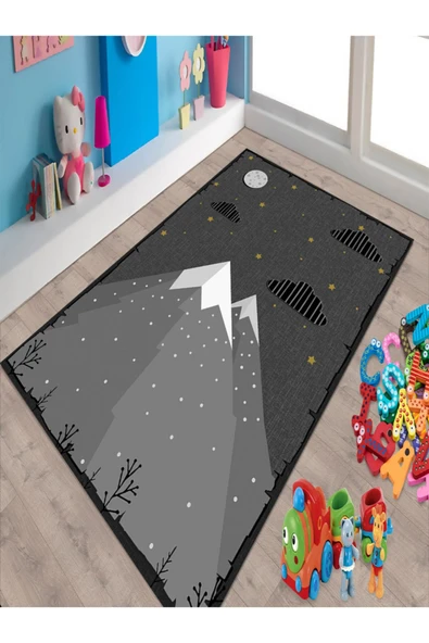 Makinede Yıkanabilir Leke Tutmaz  Antrasit Pvc Deri Kaymaz Taban Doğa Çocuk Saçaksız Halı 207-00  ÇOKLU 100 x 300 - 3