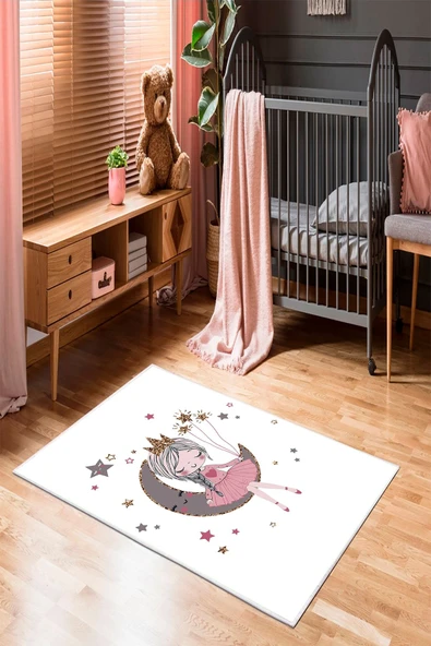 Makinede Yıkanabilir Leke Tutmaz  Beyaz Pvc Deri Kaymaz Taban Aykız Çocuk Halısı 221-00Y  ÇOKLU 80 x 200