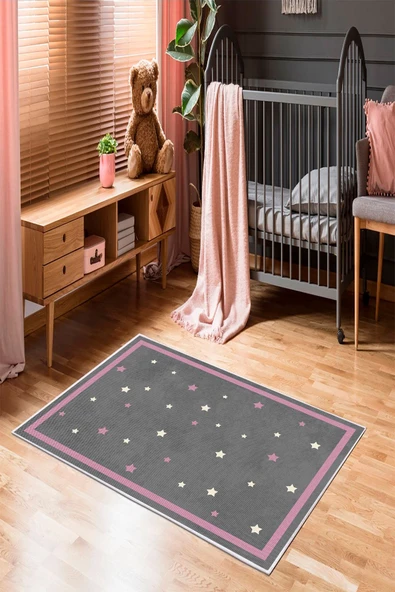 Makinede Yıkanabilir Leke Tutmaz  Antrasit-Pembe Pvc Deri Kaymaz Taban Çocuk Halısı 215-01  ÇOKLU 180 x 280