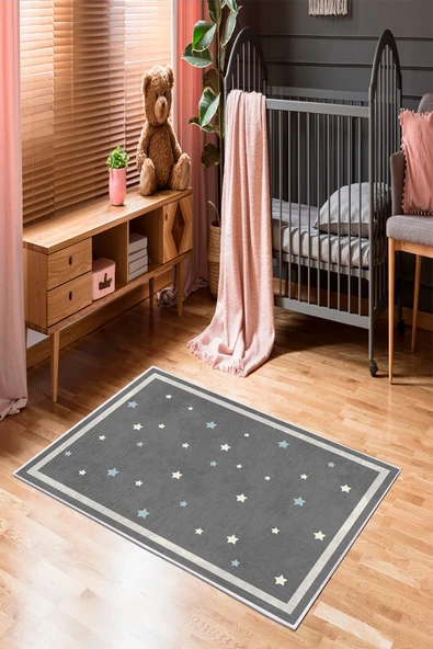 Makinede Yıkanabilir Leke Tutmaz  Antrasit Pvc Deri Kaymaz Taban Çerçeve Yıldız Çocuk Saçaksız Halı 215-00  ÇOKLU 100 x 200