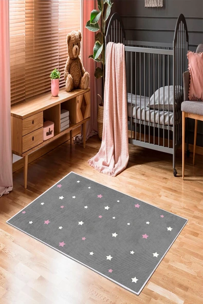 Makinede Yıkanabilir Leke Tutmaz  Antrasit-Pembe Pvc Deri Kaymaz Taban Yıldız Çocuk Halısı 229-01  ÇOKLU 160 x 230