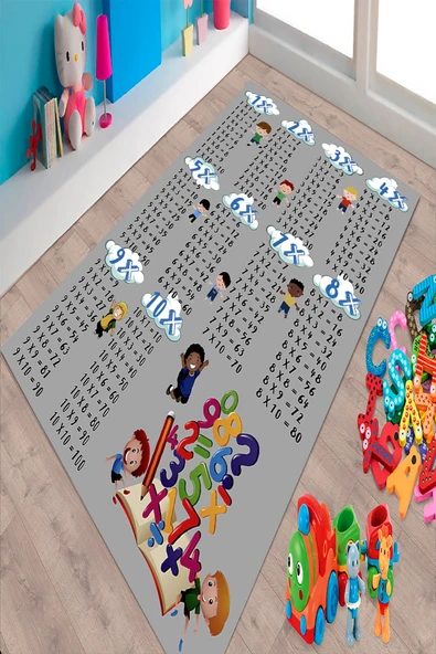 Makinede Yıkanabilir Leke Tutmaz  Antrasit Pvc Deri Kaymaz Taban Çarpım Tablosu Çocuk Halısı 222-00  ÇOKLU 160 x 230 - 3