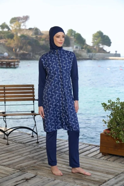 Estiva 25944 Lacivert Fermuarlı Geometrik Desenli Tam Boy Tesettür Mayo - Resim 6