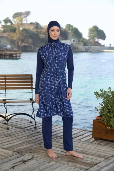 Estiva 25944 Lacivert Fermuarlı Geometrik Desenli Tam Boy Tesettür Mayo - Resim 7