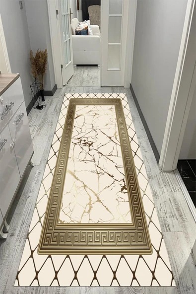 Makinede Yıkanabilir Leke Tutmaz  Krem-Gold Pvc Deri Kaymaz Taban Versace Yolluk Saçaksız B1282  ÇOKLU 80 x 400