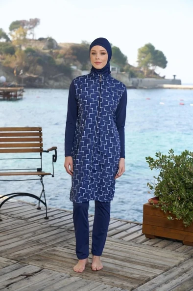 Estiva 25944 Lacivert Fermuarlı Geometrik Desenli Tam Boy Tesettür Mayo - Resim 5