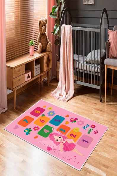 Makinede Yıkanabilir Leke Tutmaz  Pembe Pvc Deri Kaymaz Taban Seksek Çocuk Halısı 226-00  ÇOKLU 200 x 300