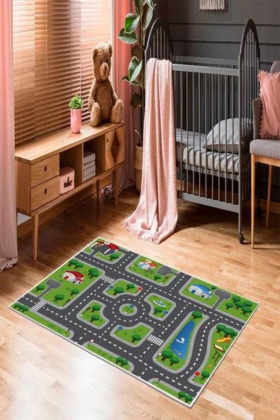 Makinede Yıkanabilir Leke Tutmaz  Antrasit-Yeşil Pvc Deri Kaymaz Taban Çevre Çocuk Halısı 225-00  ÇOKLU 160 x 230
