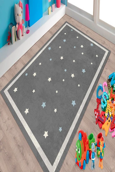 Makinede Yıkanabilir Leke Tutmaz  Antrasit Pvc Deri Kaymaz Taban Çerçeve Yıldız Çocuk Saçaksız Halı 215-00  ÇOKLU 100 x 200 - 3