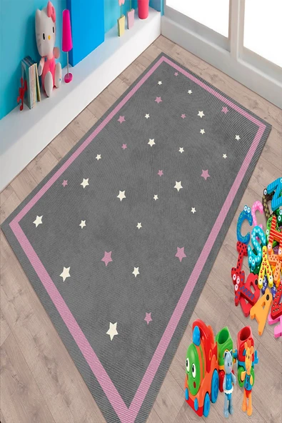 Makinede Yıkanabilir Leke Tutmaz  Antrasit-Pembe Pvc Deri Kaymaz Taban Çocuk Halısı 215-01  ÇOKLU 80 x 200 - 3