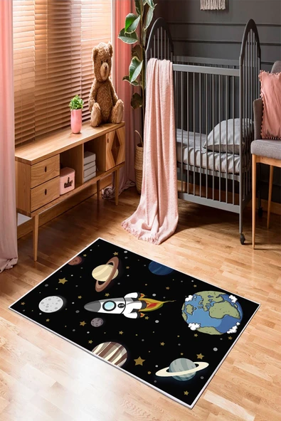 Makinede Yıkanabilir Leke Tutmaz  Siyah Pvc Deri Kaymaz Taban Gezegen Çocuk Halısı 218-00  ÇOKLU 80 x 140