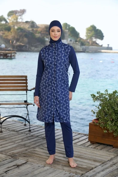 Estiva 25944 Lacivert Fermuarlı Geometrik Desenli Tam Boy Tesettür Mayo - Resim 3