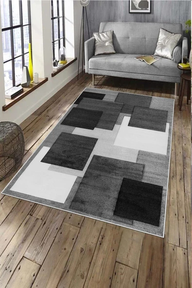 Makinede Yıkanabilir Leke Tutmaz  Gri Deko Deri Kaymaz Taban Simetrik Salon Saçaksız Halı A236  80 x 300 GRİ