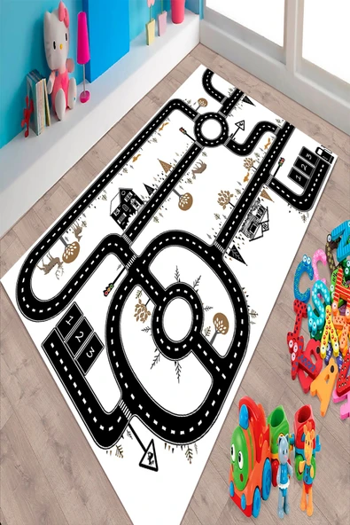 Makinede Yıkanabilir Leke Tutmaz  Beyaz-Siyah Pvc Deri Kaymaz Taban Çevre Çocuk Halısı 216-01  ÇOKLU 200 x 300 - 3