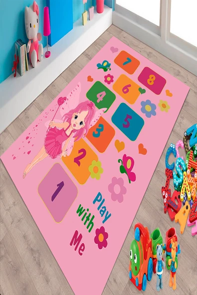 Makinede Yıkanabilir Leke Tutmaz  Pembe Pvc Deri Kaymaz Taban Seksek Çocuk Halısı 226-00  ÇOKLU 200 x 300 - 3