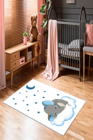 Makinede Yıkanabilir Leke Tutmaz  Beyaz-Mavi Pvc Deri Kaymaz Taban Fil Çocuk Halısı 471-00  ÇOKLU 100 x 300