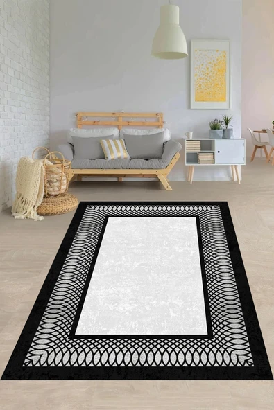 Makinede Yıkanabilir Leke Tutmaz  Gümüş-Siyah Pvc Deri Kaymaz Taban Çerçeve Salon Saçaksız Halısı B1229  GÜMÜŞ-SİYAH 100 x 300