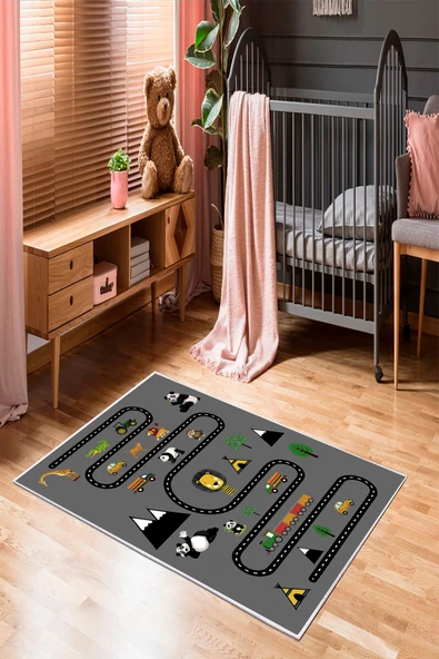 Makinede Yıkanabilir Leke Tutmaz  Antrasit Pvc Deri Kaymaz Taban Tren Yolu Deseni Çocuk Halısı 380-01  ÇOKLU 180 x 280 - 3