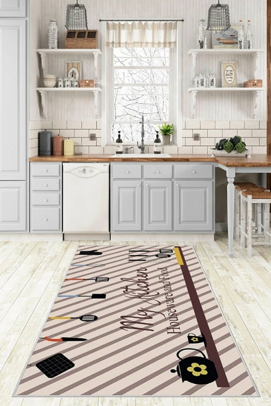 Makinede Yıkanabilir Leke Tutmaz  Krem-Kirazçiçeği Pvc Deri Kaymaz Taban Mutfak Halısı 468-00  ÇOKLU 100 x 140