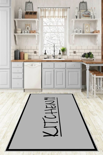Makinede Yıkanabilir Leke Tutmaz  Koyugri-Siyah Pvc Deri Kaymaz Taban Kıtchen Mutfak Halısı 458-00  ÇOKLU 120 x 180